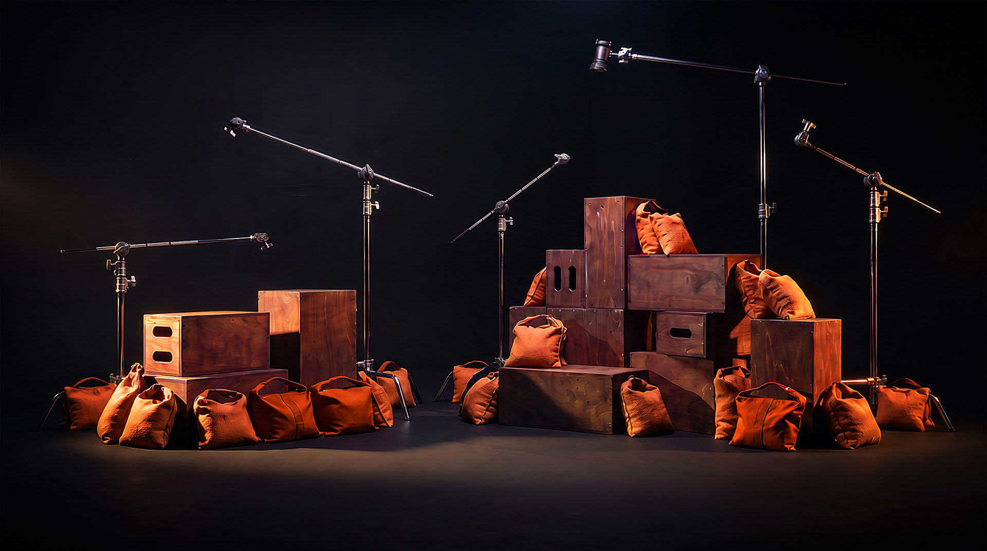 Apple boxes, caisses de tournage et sacs de sable disponibles au Studio du Château pour les productions vidéo, publicitaires, corporatives et numériques.